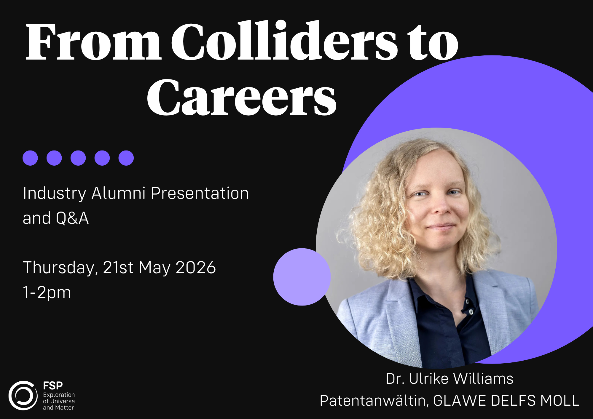 Einladung zum zweiten Transfer Event From Colliders to Careers mit ehemalier ATLAS-FSP Wissenschaftlerin