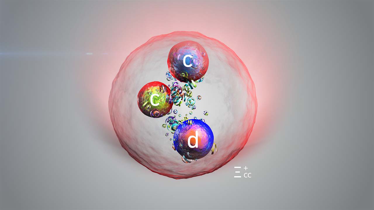 Künstlerische Darstellung des neuen Teilchens, das zwei Charm-Quarks und ein Down-Quark enthält.