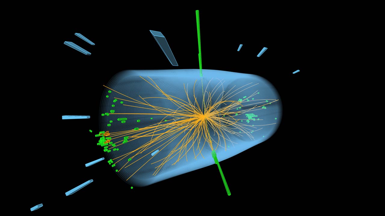 Ein Event Display vom CMS-Experiment. Hier sieht man einen Higgs-Zerfall.