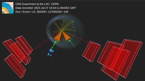 Event Display, aufgenommen mit dem CMS-Detektor