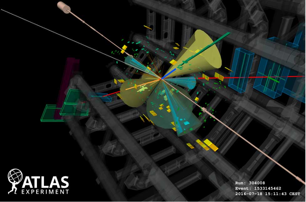 Display of a candidate four-top-quark event containing seven jets (four of them are tagged as b-jets) visualised as cones; three of the top quarks produce leptons in their decay (two muons shown in red, and one electron, shown in blue with yellow energy deposits in the electromagnetic calorimeter), and fourth top quark decay to jets. The reconstructed tracks of the charged particles in the Inner Detector are shown as orange lines. The energy deposits in the calorimeters are shown as yellow boxes. The missing transverse momentum is shown by a dashed line.