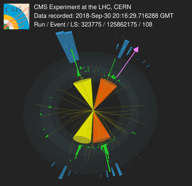Event Display, aufgenommen mit dem CMS-Detektor